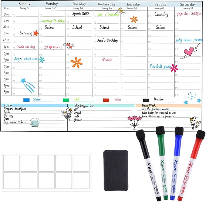 POPRUN Magnetic Weekly Dry Erase Board Calendar for Fridge, 16.9"x11"Schedule Board, Weekly Planner Whiteboard Calendar with Hourly Time Slots To Do List Perfect as Planner Board for School and Family