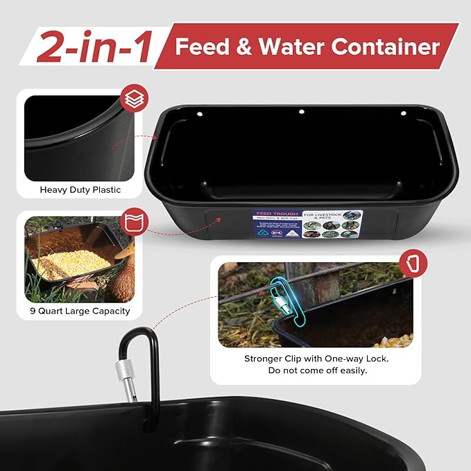 Goovilla Large Feed Trough, Hanging or Screw-in Fence Feeder with Clips, 2 Pack 9 Quart Goat Feeder Supplies, Dog Horse Hog Pig Livestock Poultry Plastic Feeder Trough Bucket for Large Animal, Black