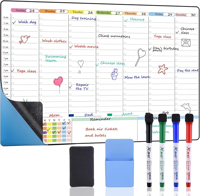 POPRUN Weekly Dry Erase Calendar for Wall & Glass & Wooden, Non-Magnetic Planning Board with Time Slots, Self-Adhesive Wall Schedule Board for Home and Office, 23.6" × 15.7"