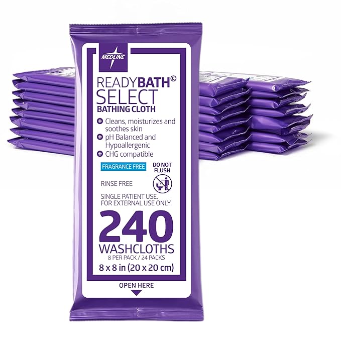 Medline Readybath Body Wipes, Shower and Bath for Adults, No Rinse Disposable Washcloths, Extra Thick, Hypoallergenic, Alcohol-Free, Aloe-Infused, Unscented, 240 Count (30 Packs), 8x8 Inch