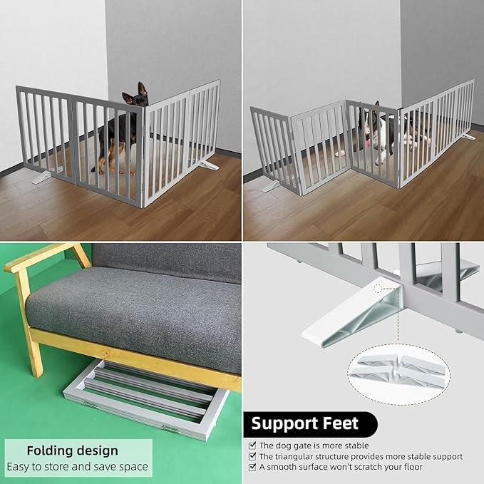 ZJSF Freestanding Indoor Dog Gate for House Foldable Wood Puppy Gate for Doorways Pet Gate for Stairs Extra Wide Pet Fence, Grey, 24" Height 4 Panels