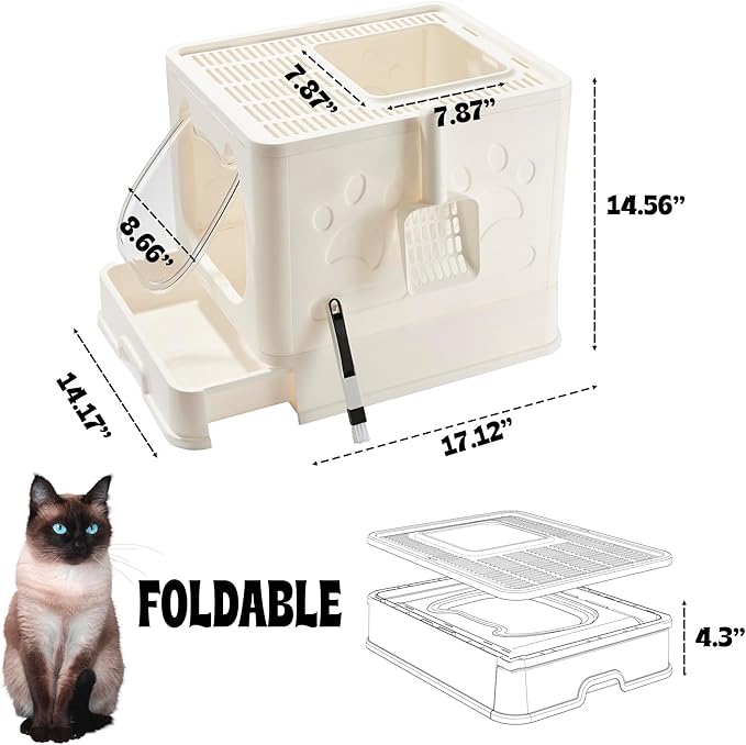 Gefryco Foldable Cat Litter Box with Lid,Covered Litter Box for Small and Medium Cats, Enclosed Cat Potty with Scoop and Brush, Top Entry Cute Kitten Litter Tray with Drawer and Top Cover(White)