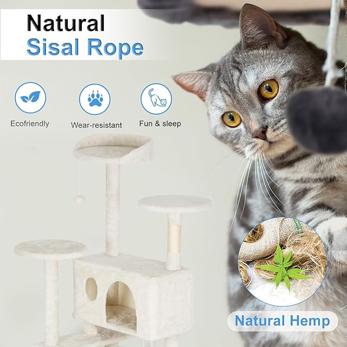 FDW Cat Tree Tower 62in Multi-Level Durable Cat Scratching Post & Cozy Fun Jumping Platform Space Saving Condo Pet Play House for Indoor Cats, Beige