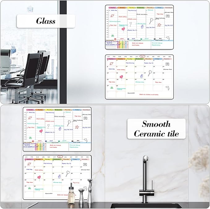 POPRUN Dry Erase Calendar weekly and monthly self adhesive stick on non-magnetic stainless fridge & Glass & Wall & wooden (any smooth surface) Schedule Board with Time Slots for Office and Family