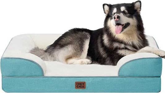 EHEYCIGA Orthopedic Dog Beds for Extra Large Dogs, Waterproof Memory Foam XXL Dog Bed with Sides, Non-Slip Bottom and Egg-Crate Foam Big Pet Couch Bed with Washable Removable Cover, Turquoise Blue