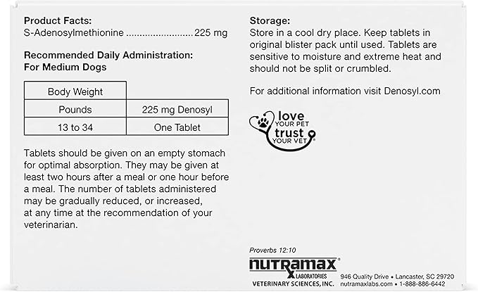 Nutramax Denosyl Liver and Brain Health Supplement for Medium Dogs - With S-Adenosylmethionine (SAMe), 30 Tablets
