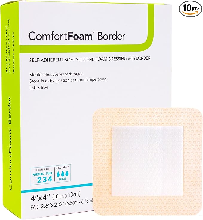 DermaRite's ComfortFoam Border, Foam Wound Dressing - Flexible and Soft Silicone, Self Adhesive, No Natural Rubber Latex - 4 in. x 4 in., 1 Count, 10 Packs, 10 Total