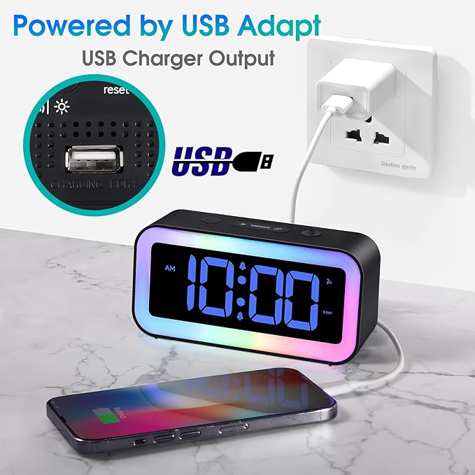 Cadmos Loud Alarm Clock for Bedrooms with Dynamic RGB Night Light,Heavy Sleepers Adults,Dual Alarm,Dimmer,USB Charger,Small Bedside Digital Clock with Led Display for Kids,Teens,Seniors (Black)