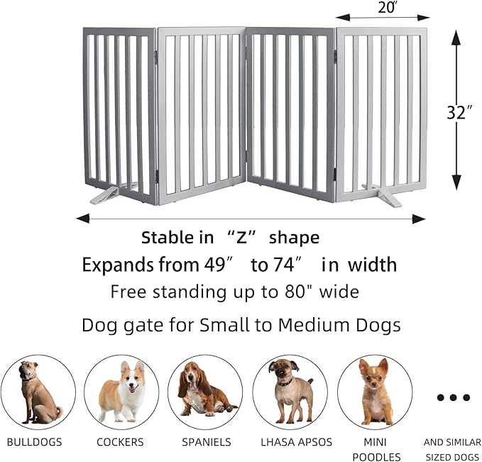 ZJSF Freestanding Indoor Dog Gate for House Foldable Wood Puppy Gate for Doorways Pet Gate for Stairs Extra Wide Pet Fence, Grey, 32" Height 4 Panels