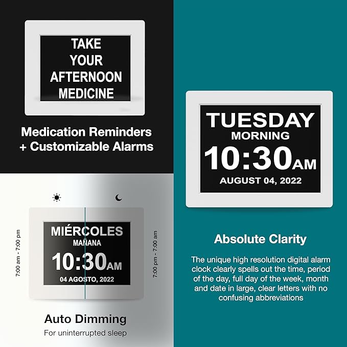 American Lifetime 【New 2024 Dementia Clock Large Digital Clock for Seniors, Digital Clock with Custom Alarms, Clock with Day & Date for Elderly, Large Number Digital Clock Mahogany, 15 Inches