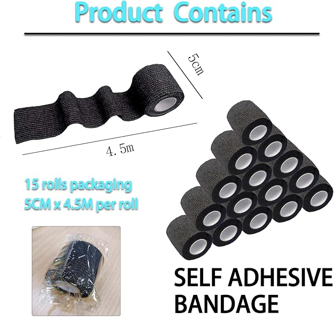 Self Adhesive Tape Wrap 15Rolls,Non-Woven Self Adherent Vet Wrap Tape,5CM x 4.5M Cohesive Bandage Tape for Wrist & Ankle,Elastic Grip Cover (Black-15ROLLS)