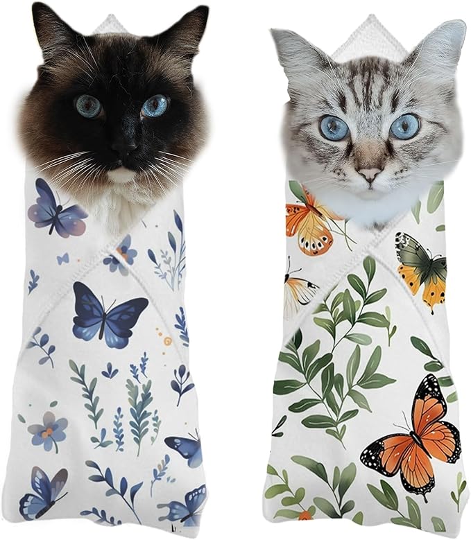 2PCS Cat Wrap for Cutting Nails, 21x21in Self-Adherent Pet Cat Grooming Wrap for Medicine, Nail Clipping, Teeth Brushing, Ear Cleaning | Anti-Escape Anti-Bite Anti-Scratch (Butterfly)