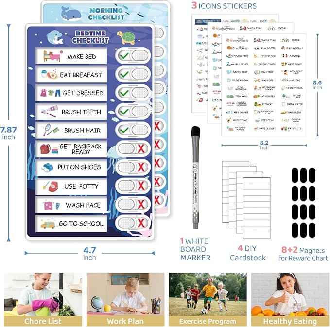 3 in 1 Bedtime/Morning/Weekly Routine Chart for Kids, Magnetic Chore Chart for Toddlers, Visual Schedule for Kids Toddlers Schedule Board for Home