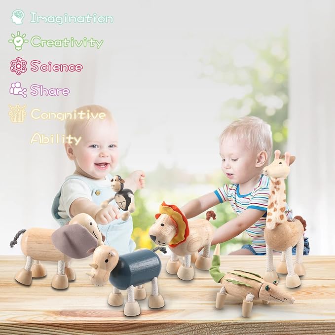 12PCS Bendable Wooden Animal Toys, Fun and Posable Animal Toys for Early Education, Smooth Natural Wood, Safari Farm Wood Animals Learning Toy for Kids