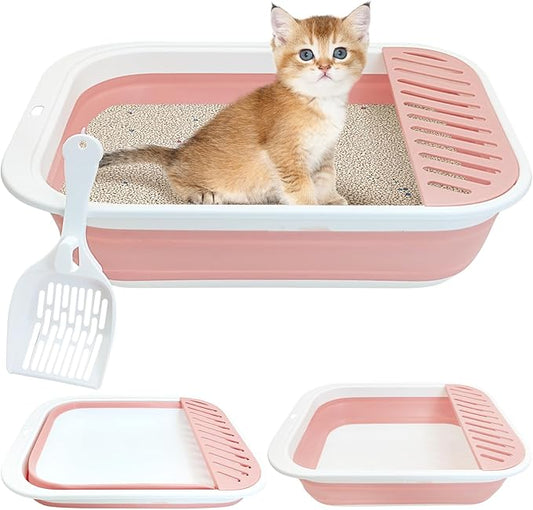 Fhiny Cat Litter Box Portable Shallow Litter Box 17.7"x13.4"x4.9" Foldable Cat Toilet with Scoop Open Kitty Potty Pan with Litter Drop Pedal Easy to Clean Travel Kitten Toilet(Pink)