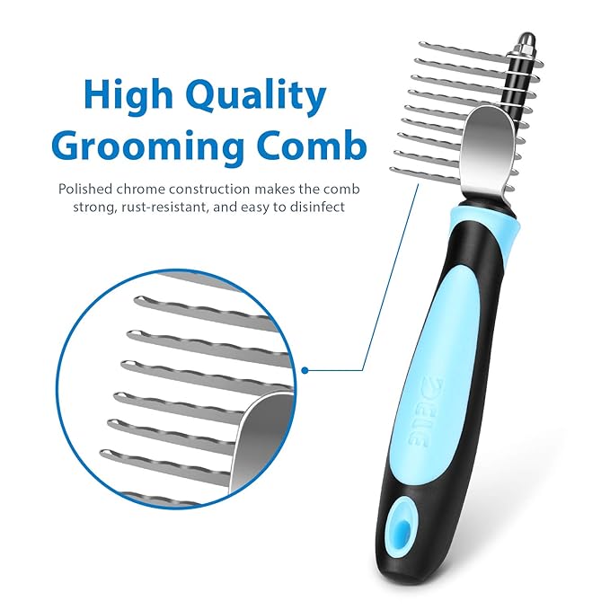 Flexzion Dogs Dematting Comb, Stainless Steel Blades Rakes, for Pets Cats Animals Matted Knotted Hair, Brush Cutting Removing Grooming Tool with Smooth Teeth Needle - Black & Blue Handle