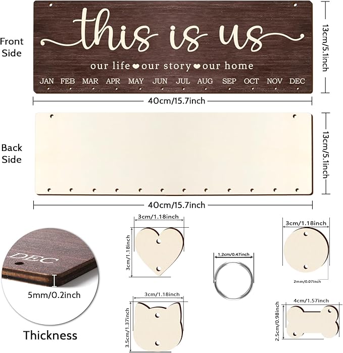 Family Birthday Calendar Board Wall Hanging with Tags, Family Birthday Plaque with Tag Wooden Memory Days Reminder Wall Hanging Home Décor Wood Anniversary Tracker with 104 Tags, Valentines Day Christmas Gifts for Lovers Friends (THIS IS US)