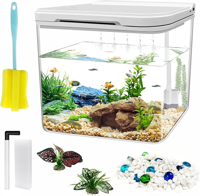0.8 Gallon Small Fish Tank Kit, Aquarium Starter Kit with Super-Quiet Water Pump, Rain Filtration, Self Cleaning Filtration, LED Light, Easy Changing Water (White)