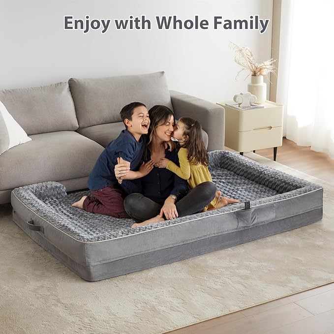 WNPETHOME Human Dog Beds for People Adults, Washable Faux Fur Nap Bed Adult Oval for People, Calming Human Size Giant Dog Bed Fits Pet Families with Storage Pocket Grey