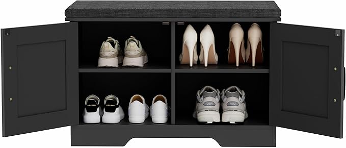 2-Tier Storage Bench, Shoe Bench with Padded Seat Cushion, Entryway Bench with 2 Barn Doors, Adjustable Shelf, 13.8" D x 27.6" W x 17.7" H, for Entryway, Living Room, Bedroom, Black