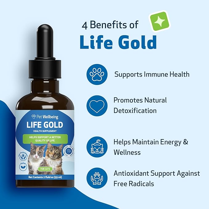 Life Gold for Cats - Supports Detoxification & Healthy Immune Defenses, Astragalus, Burdock, Sheep Sorrel - Pet Wellbeing Vet-Formulated Holistic Supplement – 2 oz (59 ml)