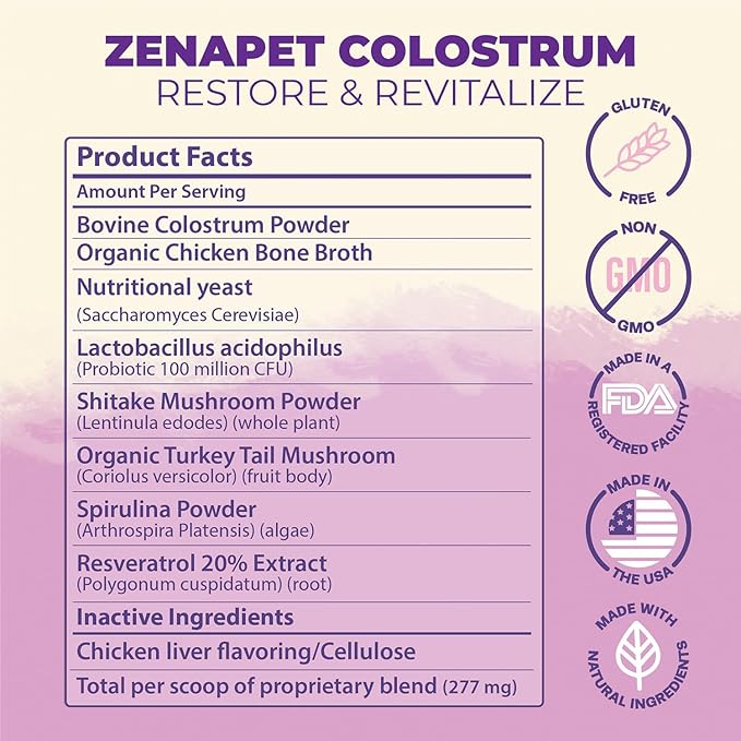 Zenapet Cat Colostrum Plus Superfood Supplement, 240 Day Supply Bovine Colostrum Powder, Cat Probiotic for Immune Support, Digestive Health, Allergy Relief, Joint Support, and Skin/Coat Health