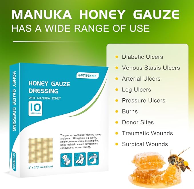 Manuka Honey Gauze Dressing 2"x2" Pack of 10, Manuka Honey Wound Care Bandage for Cuts, Scalds and Burns, Wound Dressing Products