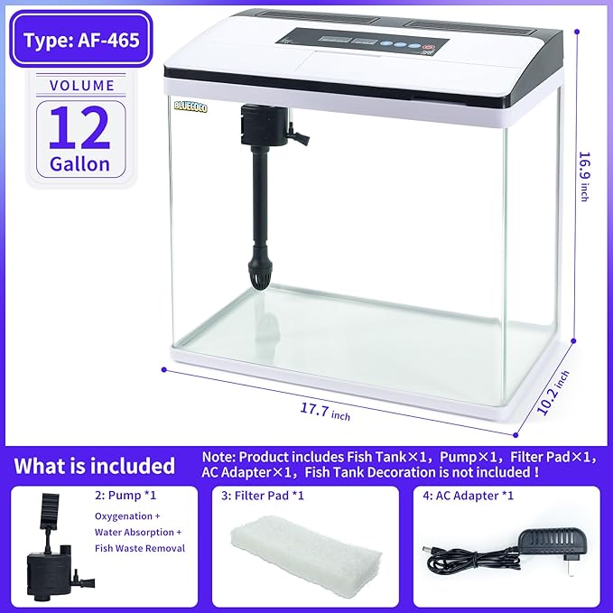 Glass Aquarium Fish Tank Starter Kit with Temperature and Time Display for Betta Fish Featuring Crystal Clear 360° Viewing, Eco-Cycle Filtration, Air Pump 12 Gallon