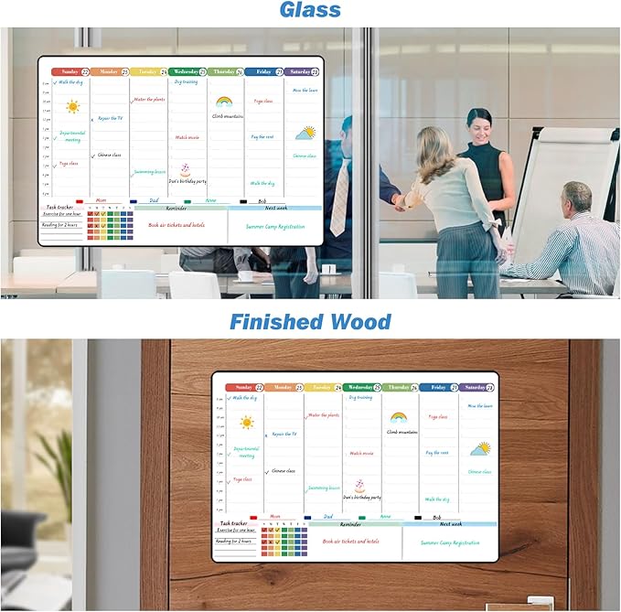 POPRUN Dry Erase Board Weekly Calendar Whiteboard for Wall & Fridge(Any Smooth Surface),Self-Adhesive Schedule Board with Hourly Time Slots,Perfect as Weekly Planner Board for School/Family, 16.5"x11"