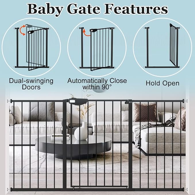 WAOWAO Triple Lock 68.11-75.98" Baby Gate Extra Wide Pressure Mounted Walk Through Swing Auto Close Safety Black Metal Dog Pet Puppy for Stairs,Doorways,Kitchen