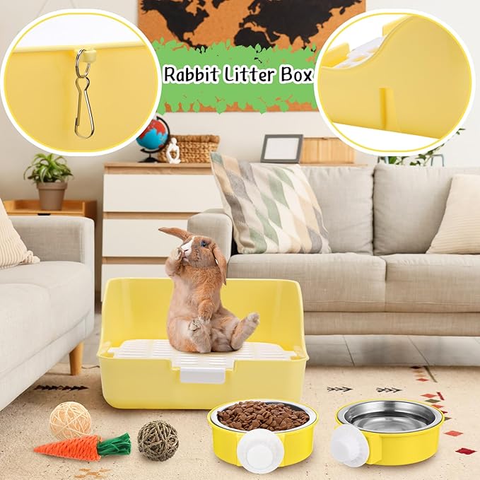 15 Pcs Rabbit Starter Kit Small Rabbit Litter Box Animal Grooming Kit Bunny Toys Bowl Blankets with Cleaning Set for Guinea Pig Accessories(Blue)