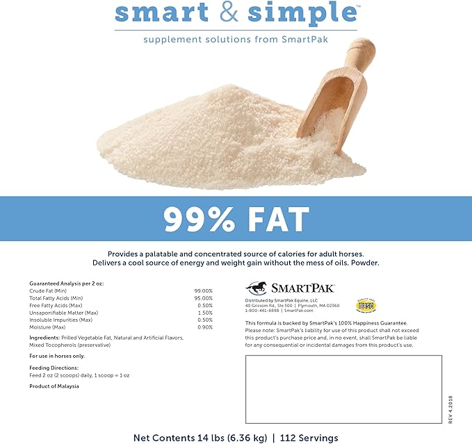 Smart & Simple 99% Fat | Horse Weight Gain Supplement Supports Ideal Body Condition in Horses | Easy to Use & Tasty High Fat Supplement Powder | 112 Servings | 14 lb Bag
