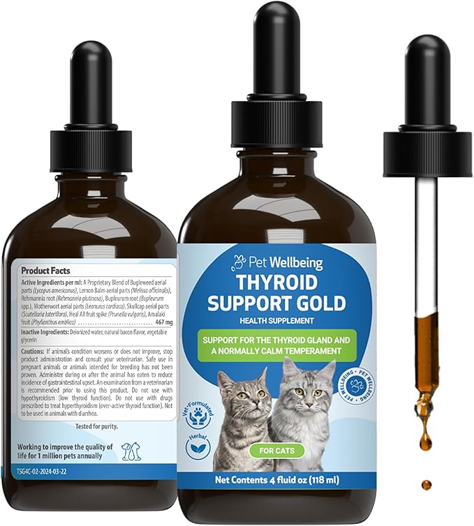 Pet Wellbeing Thyroid Support Gold for Cats - Supports Healthy Thyroid Gland Function in Cats, Normal Metabolism, Bugleweed, Lemon Balm - Veterinarian-Formulated Herbal Supplement 4 fl oz (118 ml)