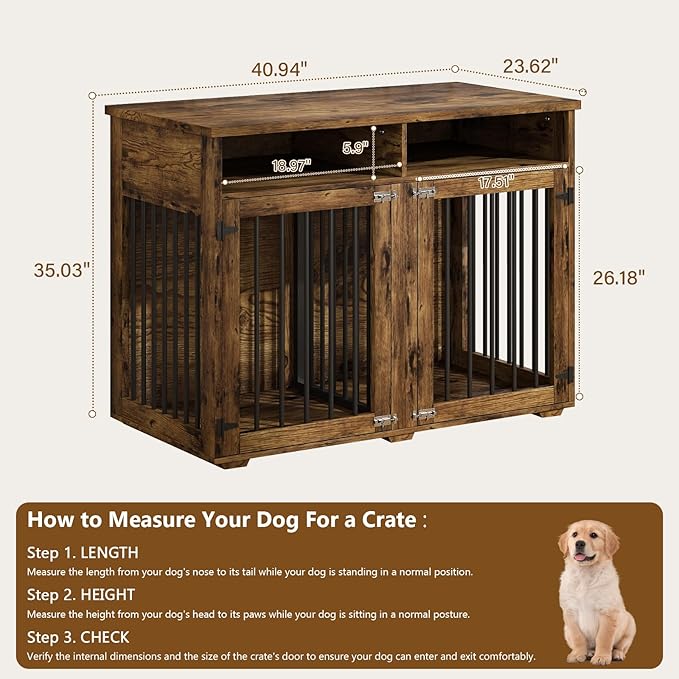 Furniture Dog Crate for 2 Dogs, 41 Inch Dog Kennel Furniture with Removable Divider and Shelf Storage, Wooden Dog Crate for Small/Medium Dogs, Rustic Brown