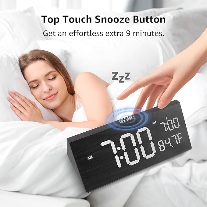 OhM-ega Wooden Digital Alarm Clock, Electric Clocks with Dual USB Port, Large Numbers, Temperature Display, Brightness Dimmer, Sound-Activated Display, Snooze, 12/24H, Black