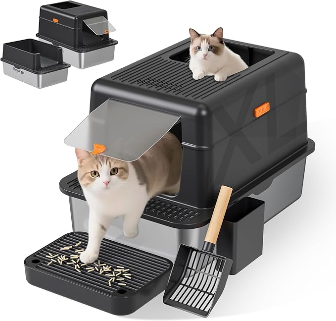 Enclosed Stainless Steel Litter Box with Lid, 20L Metal Enclosed Litter Box for Big Cat, Flip-Top Design with Anti-Leakage High Sides, Cat Lovers Gifts（Black）