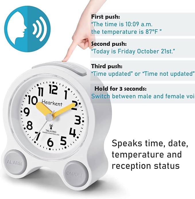 Atomic Talking Clock Clear Voice Time and Date with Snooze and Light, Clocks for Seniors 5 Sets of Separate Alarms Non Ticking Volume Control(All Black)