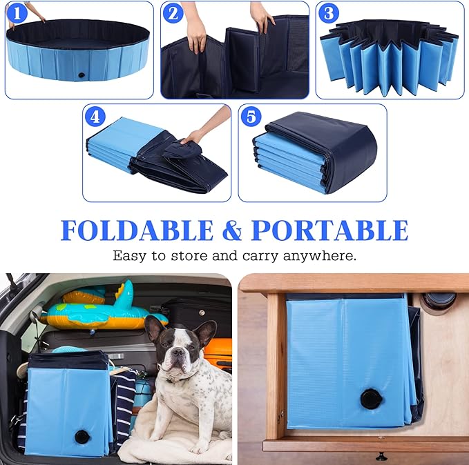 Foldable Dog Bath Swimming Pool Plastic Kiddie Pool Professional Tub Collapsible Grooming Bathtub for Pets Kids Baby and Toddler, 87 x 12 Inches Blue