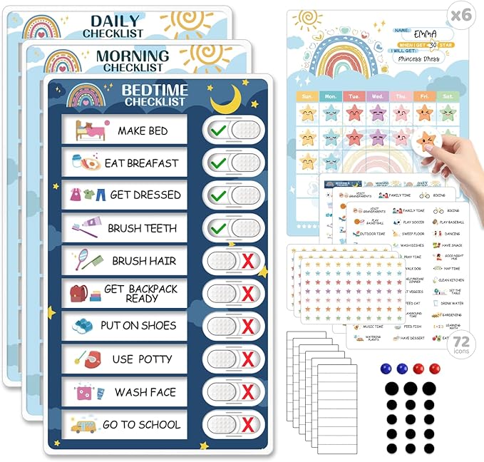 Upgraded Slider 4 in 1 Reward Chart for Kids, Reusable Bedtime/Morning/Daily Routine Chart for Kids, Magnetic Chore Chart for Kids Toddlers, Sticker Chart for Kids Behavior Chart for Kids at Home