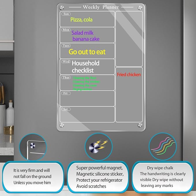 9"X13" Acrylic Weekly Planner for Fridge,Clear Meal Planner for Refrigerator,Magnet Weekly Calendar for Fridge,Acrylic Magnetic Menu Board for Kitchen with 6 Markers