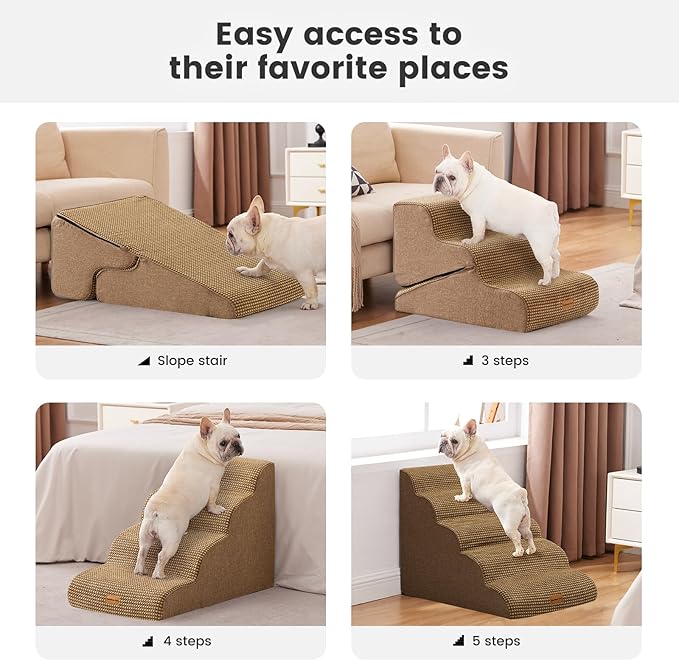 Gardner Pet Dog Stairs for Small Dogs 16.5" H, 2 in 1 Transformable 3-Step Pet Stairs and Dog Ramp for Couch (13-20 in), Brown Adjustable Pet Steps with Non-Slip Waterproof Cover and CertiPUR-US Foam