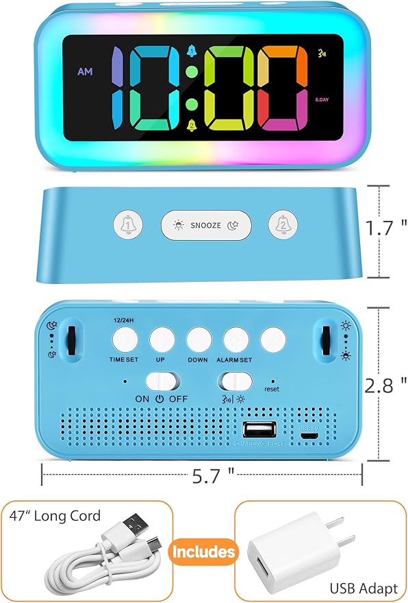 Cadmos Loud Alarm Clock for Bedrooms with Dynamic RGB Night Light,Heavy Sleepers Adults,Dual Alarm,Dimmer,USB Charger,Small Bedside Digital Clock with Led Display for Kids,Teens,Seniors (Blue)