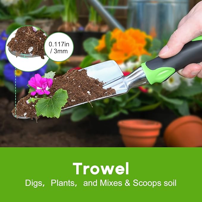 Garden Tool Set, 3 Pack Aluminum Heavy Duty Gardening Kit Includes Hand Trowel, Transplant Trowel and Cultivator Hand Rake with Soft Rubberized Non-Slip Ergonomic Handle, Garden Gifts