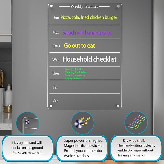 9"x13" Clear Weekly Meal Planner Magnetic Acrylic Board,Acrylic Magnetic Dry Erase Board for Fridge, Magnet Week Calendar for Refrigerator Includes 6 Colors Markers