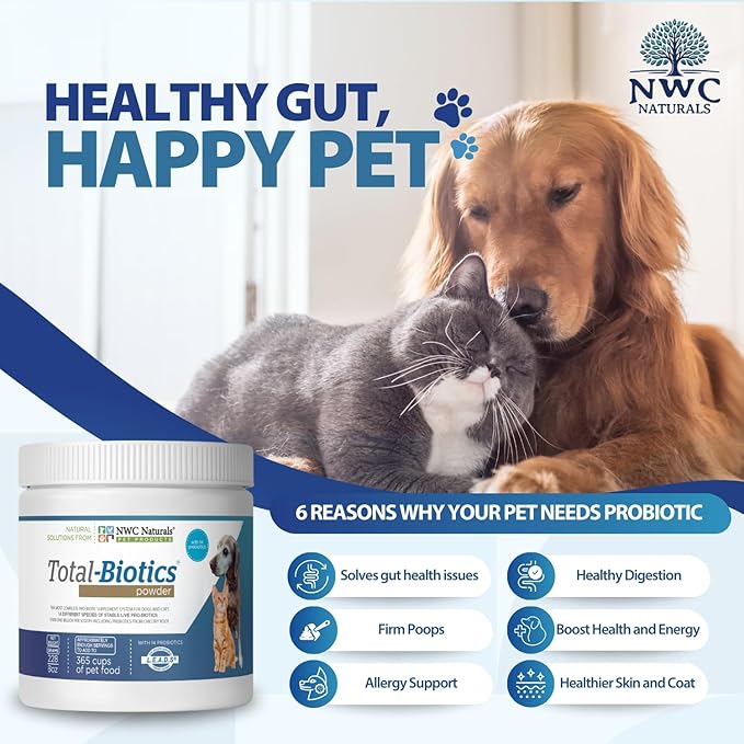 NWC Naturals Total-Biotics, Cat & Dog Probiotics for Digestive Health with Prebiotic, Unflavored Probiotic for Dogs & Cats, Supplement for Gut, Skin, Coat, Upset Stomach Relief, 365 Servings, 8 Ounces