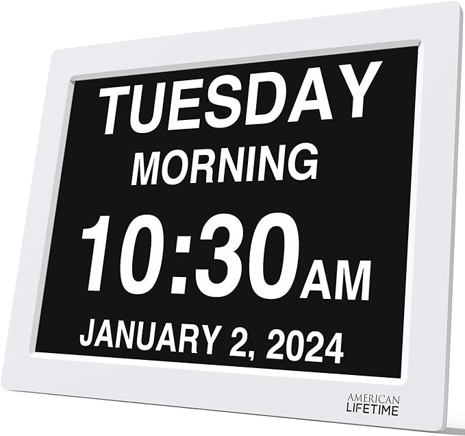 American Lifetime Dementia Clock - Large Digital Clock for Seniors, Custom Alarms, Day & Date Display, White, 15 Inches