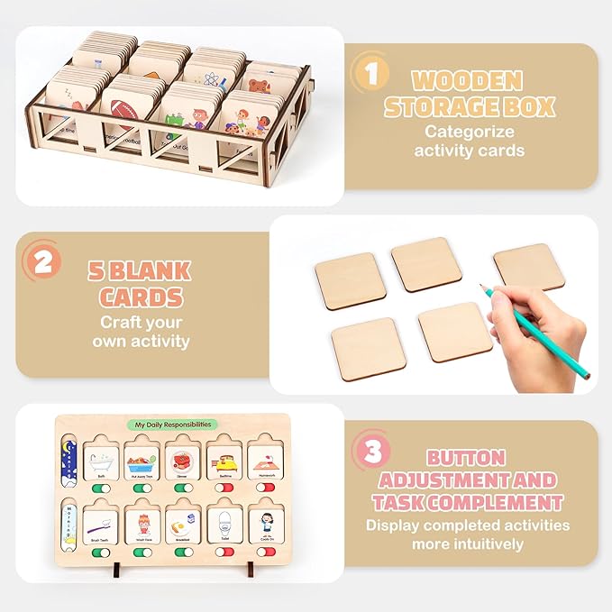 Dreamon Wooden Visual Schedule for Kids Chore Chart, Morning Bedtime Routine Charts for Kids Toddlers, autism learning materials&Daily Schedule Board for home