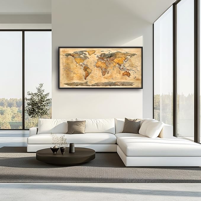 Extra Large World Map Framed Wall Art for Living Room,Oversized Vintage Map of The World Pictures Wall Decor,Canvas Print Painting Modern Artwork Bedroom Office Bathroom 60L" x 30W"
