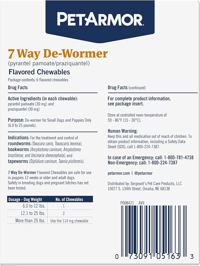 PetArmor 7 Way De-Wormer for Dogs, Oral Treatment for Tapeworm, Roundworm & Hookworm in Small Dogs & Puppies (6-25 lbs), Worm Remover (Praziquantel & Pyrantel Pamoate), 6 Flavored Chewables