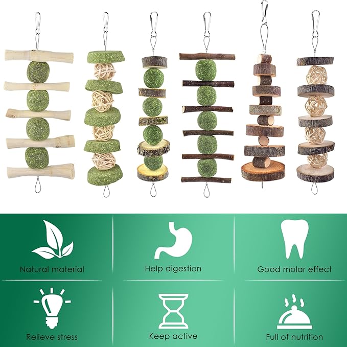 ERKOON Bunny Chew Toys, Rabbit Chew Toys for Teeth Grinding, Improve Dental Health, 100% Natural Apple Wood Timothy Grass Cake Treats for Rabbits Guinea Pigs Chinchillas Bunnies Hamsters (9 Pcs)